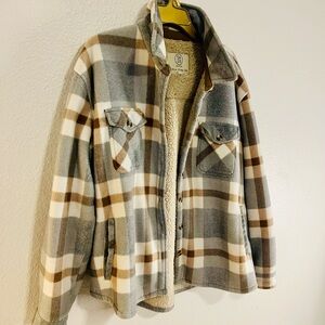 Sage CollectiveFlannel Cozy Plaid Sherpa-Lined Jacket — Gray, Cream & Brown